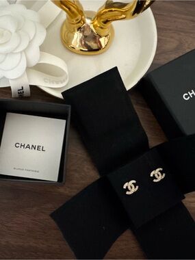 CHANEL Gold CC Crystal Stud Earrings